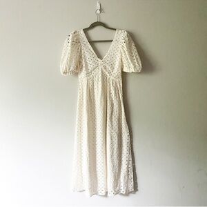 Oak Fort Eyelet Midi Dress Short Puff Sleeve Open Tie Back Gathered Front White
